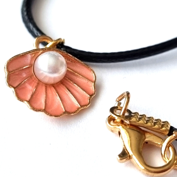 Necklace | Pink Scallop & Faux Pearl Pendant | Black Cord | Gold Toned Findings - Picture 3 of 8